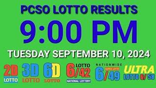 9pm Lotto Results Today September 10 2024 ez2 swertres 2d 3d pcso