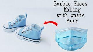 Diy Barbie Doll Shoes Making With Mask   Waste Disposable Mask Craft   Mask recycling️