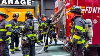 **EARLY ARRIVAL** Double Parked Cars Block FDNY Response to FIRE on Scaffolding - Heavy Q & AIRHORN