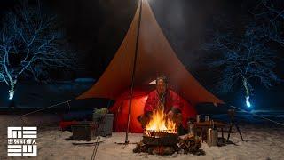 雪中キャンプで焚火ニンニク特盛チャーハン