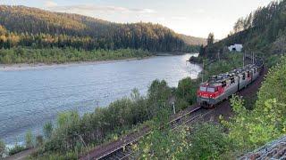 Full length Freight trains Russia in summer in the mountains