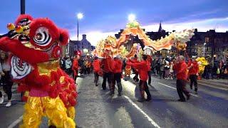 2020 Chinese New Year Rat parade with Dragon & Lions over river Tay in the City of Perth Scotland
