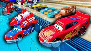 Disney Pixar Cars falling into deep pool Lightning McQueen Tow Mater Mack Sally Francesco