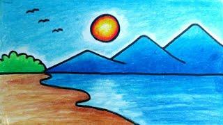 Cara Menggambar Pemandangan Pantai Yang Mudah Dan Bagus  How to Draw Beach Sunset