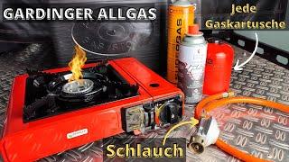 Bester Camping Gaskocher? GARDINGER ALLGAS mit Schlauch  Propan und Gaskartuschen