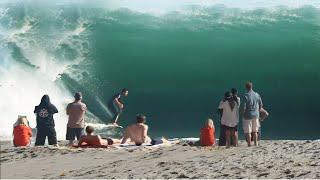 Crowd Gathers to Watch Pro Skimboarders Catching Giant Waves - Raw Footage