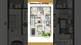 35’× 50’ House Plan  3 BHK 3 Bath+ Study & Car  Parking 35 by 50  35*50 Home Design