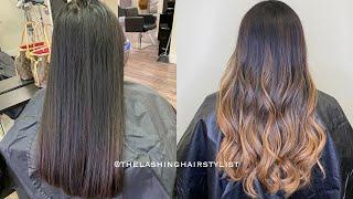 Before and after modern balayage work clip @thelashinghairstylist