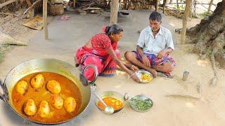 EGG CURRY & KOLMI SHAK VAJI cooking and eating by santali tribe grandma