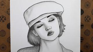 Kolay Yoldan Adım Adım Güzel Kız Resmi Nasıl Çizilir Şapka Takan Gözleri Kapalı Bir Kız Çizimi