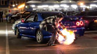 Tunercars Leaving Night Meeting CRAZY ACTION Burnouts Flames & Poweslides