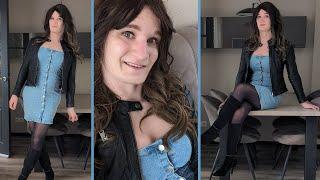 Crossdresser Laura wearing tight denim dress