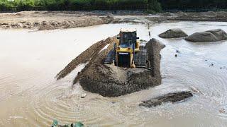 Look Gorgeous Skills Operator  Heavy Bulldozer Pushing Sand Dump Truck Spreading Extreme in Water