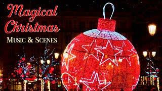 Magical Christmas Scenes & Music Ambience  w Christmas Lights & Snow Falling