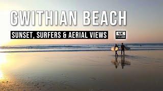 Gwithian Beach - Cornwall - Surfers Sunset and Amazing Rock Formations - 4K Video