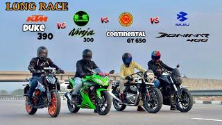 Kawasaki ninja 300 vs ktm duke 390 gen 3 vs  continental gt 650 vs Bajaj dominar 400  QUAD BATTLE