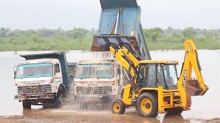 JCB 3dx Backhoe with Tata 2518 Truck and Tata Dumper Washing Together in Dam