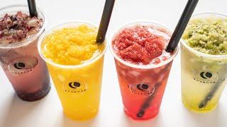 Japanese street drinks - Fresh fruits juice soda with finely chopped frozen fruits on top