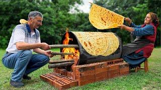 Recipe for Healthy Flatbreads with Wild Onions and Kebabs Cooking in a Village in Azerbaijan