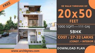 20*50 House Design 3D  1000 Sqft  111 Gaj   5 BHK  Modern  Design  Terrace Garden  6x15 Meters