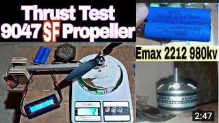 Emax 2212 980 kv brushless motor Thrust test on 2cell Li-ion battery  9047 propeller