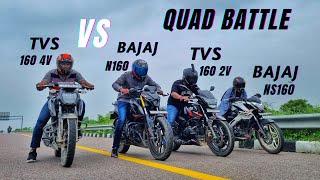 Tvs Apache 160 2v bs7 Vs Tvs apache 160 4v vs Bajaj pulsar n160 vs pulsar ns160  160 cc Quad Battle