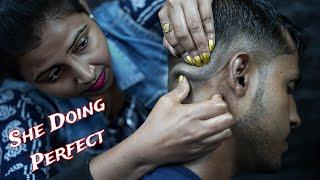 Beautiful Lady Barber Doing Very Relaxing Oily Head Massage ASMR  Heavy Oil ASMR Head Massage