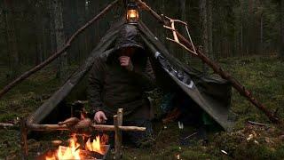 Caught in a Storm - 4 days solo bushcraft camping in heavy rain portable wood stove canvas tent