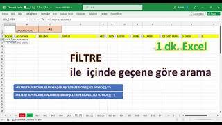 Excel 1 Dakika - FİLTRE ile içinde geçene göre arama kutusu