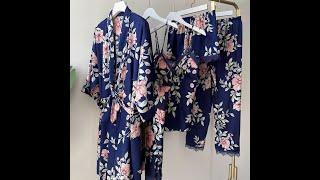 Womens Luxury 5-Pieces Silk FLower Printed Pyjamas Sets