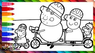 Draw and Color Peppa Pig and Her Family Riding a Bike  Drawings for Kids