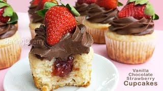 FLUFFY AND DELICIOUS CUPCAKES with Strawberry Jam and Chocolate Frosting