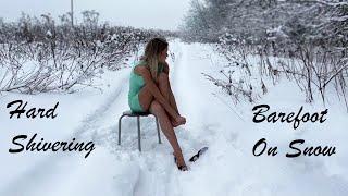 Very Hard Shivering Girl Girl Shivering in Underware Barefoot on Snow Goosebumps Skin # 1179