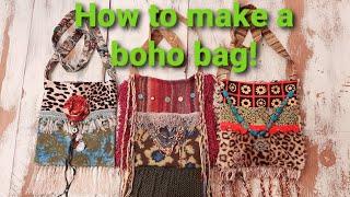 How to make a fringe crossbody boho purse from thrifted items.