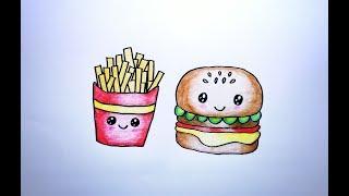 How To Draw Cute French Fries & Hamburger Cartoon Coloring Pages