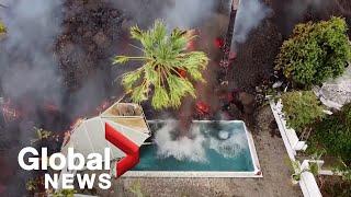 La Palma volcano Drone video shows black lava swallowing pool homes on its way to coast