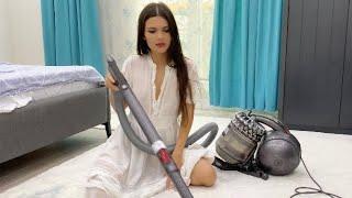 Girl Vacuuming in transparent white dress  see though vacuum  cleaning motivation