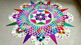 Big and unique multicolored rangoli for festivals  Relaxing sand art  Festival mandala kolam