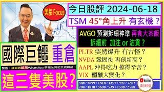 國際巨鱷重倉 這三隻美股TSM 45°角上升 有玄機AVGO 拆細前 加注or沽貨？PLTR突然爆升 有古怪NVDA 鞏固後 再創新高？AAPL 沖得吃力？2024-06-18