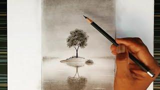 Easy Pencil drawing for beginners of tree water lakereflection landscape.