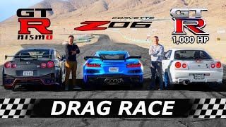 2023 Corvette Z06 vs GTR NISMO vs 1000hp R34 GTR  DRAG & ROLL RACE