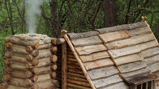 Building a Survival Cabin with Chimney-Fireplace & Wooden Roof in the Wilderness