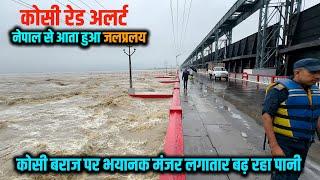 Kosi Barrage पर Nepal से आ रहा जलप्रलय  लगातार बढ़ रहा है Waterflow लोग कह रहे क्या होगा पता नहीं