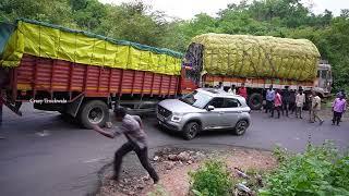 Ghat Road  Cars Crossing Heavy Loaded Truck 12 Tyres Lorry Driving Stopped on Ghat Roads U Turning