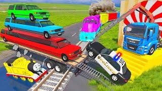 Truck Rescue Long Cars and Police Cars - Long Cars vs Flatbed Trailer Truck Rescue Bus - BeamNG