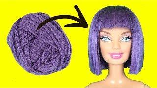 DIY Barbie Hairstyles with Yarn  How To Make Purple Doll Hair for Old Toys