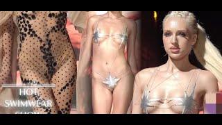 See through transparent Fashion Show 2023  Models in transparent bra lingerie show Plus Size models