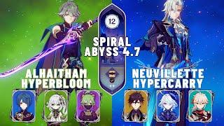 Alhaitham Hyperbloom & Neuvillette Hypercarry  Spiral Abyss 4.7 Floor 12 9 Stars  Genshin Impact