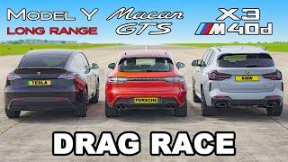 Porsche Macan GTS v BMW X3 M40d v Tesla Model Y DRAG RACE