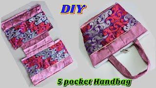 5 पॉकेट हैंडबैग बनाने का आसान तरीका पुरानी साड़ी लेस से ll How to make 5 pocket Hand bag at home.